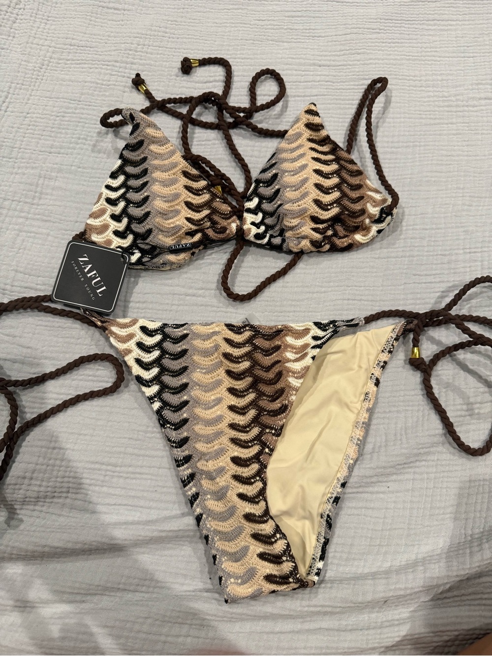 Zaful Brown Cream Wave-Pattern Triangle Bikini Set